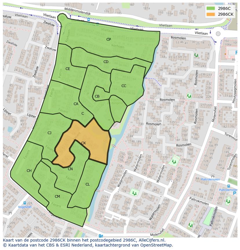 Afbeelding van het postcodegebied 2986 CK op de kaart.