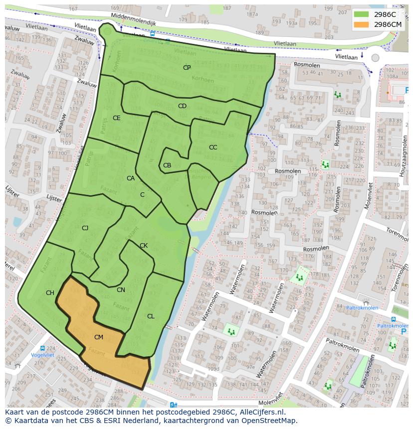 Afbeelding van het postcodegebied 2986 CM op de kaart.