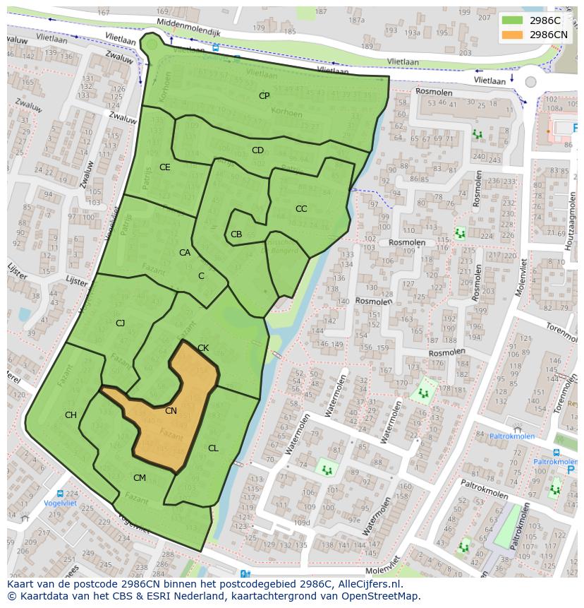 Afbeelding van het postcodegebied 2986 CN op de kaart.