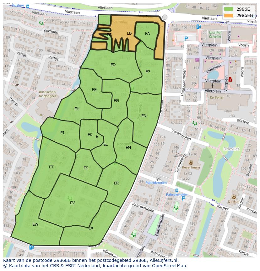 Afbeelding van het postcodegebied 2986 EB op de kaart.