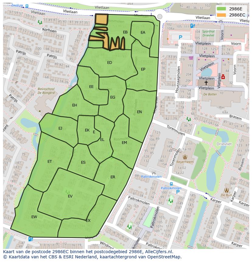 Afbeelding van het postcodegebied 2986 EC op de kaart.