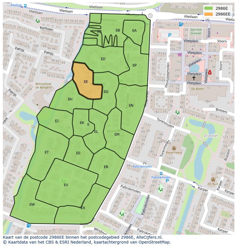 Afbeelding van het postcodegebied 2986 EE op de kaart.