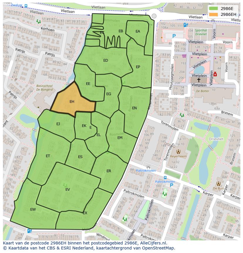 Afbeelding van het postcodegebied 2986 EH op de kaart.