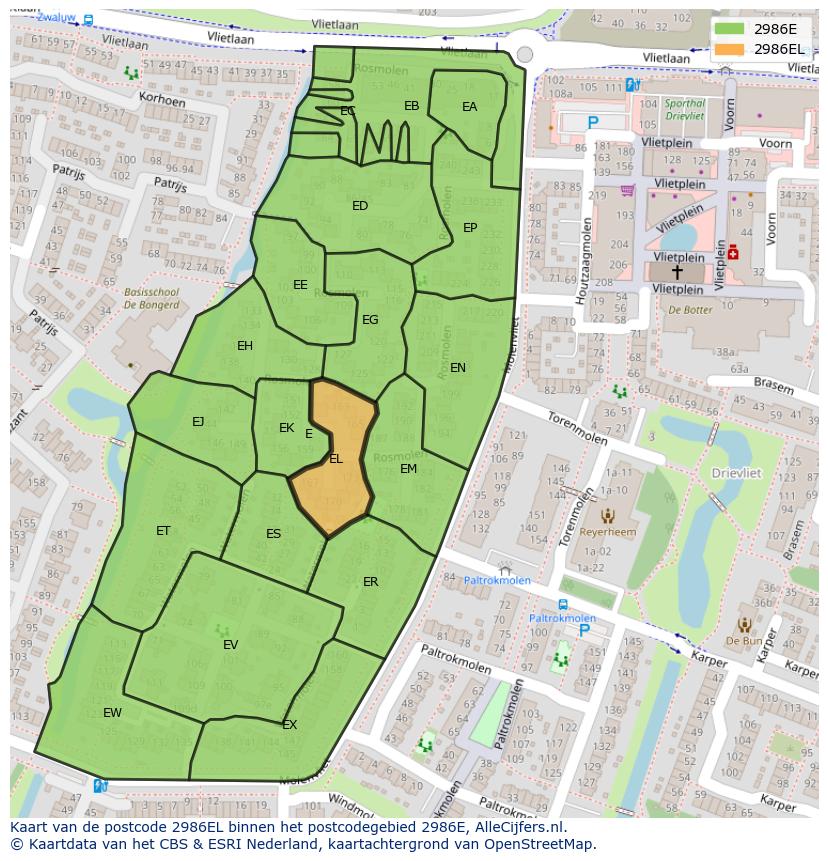 Afbeelding van het postcodegebied 2986 EL op de kaart.