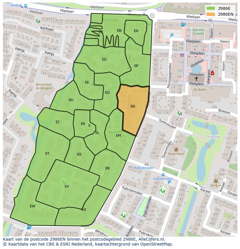 Afbeelding van het postcodegebied 2986 EN op de kaart.