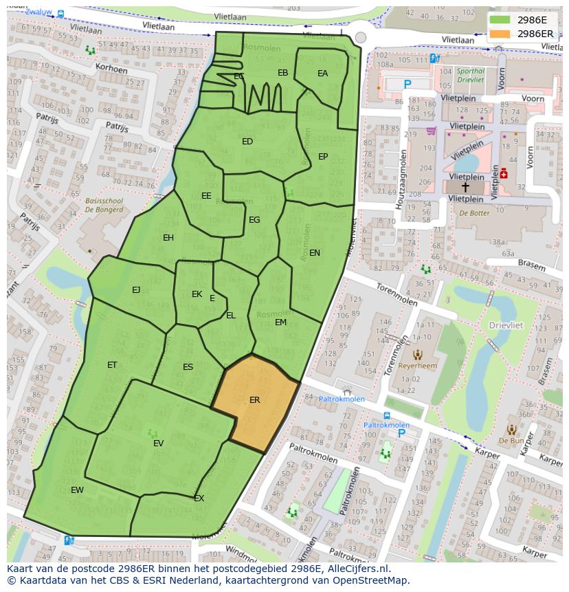 Afbeelding van het postcodegebied 2986 ER op de kaart.