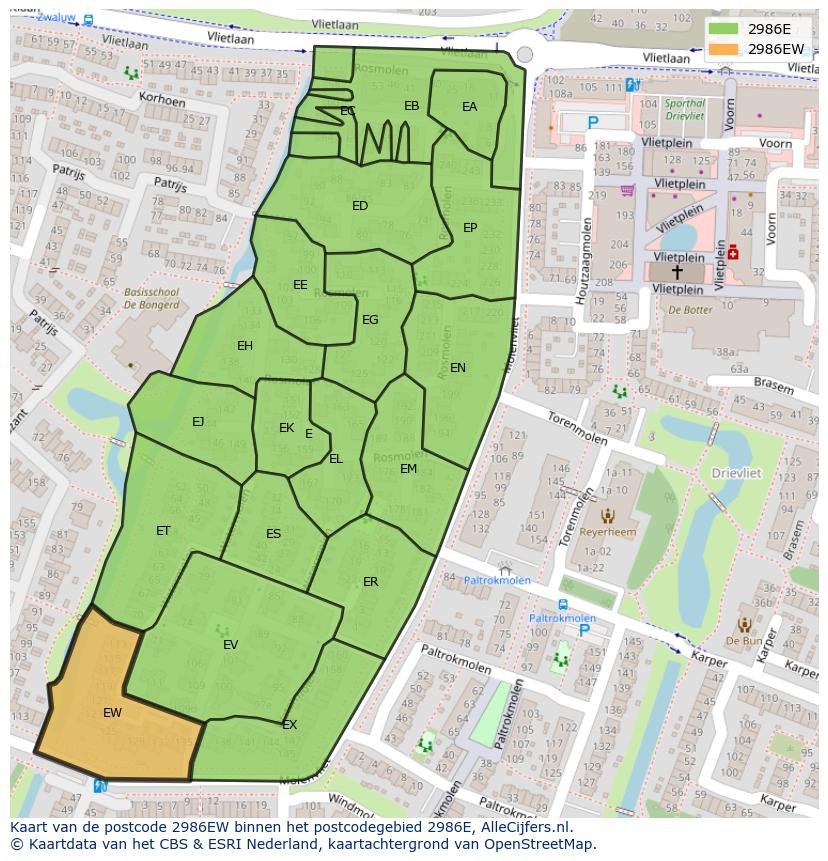 Afbeelding van het postcodegebied 2986 EW op de kaart.