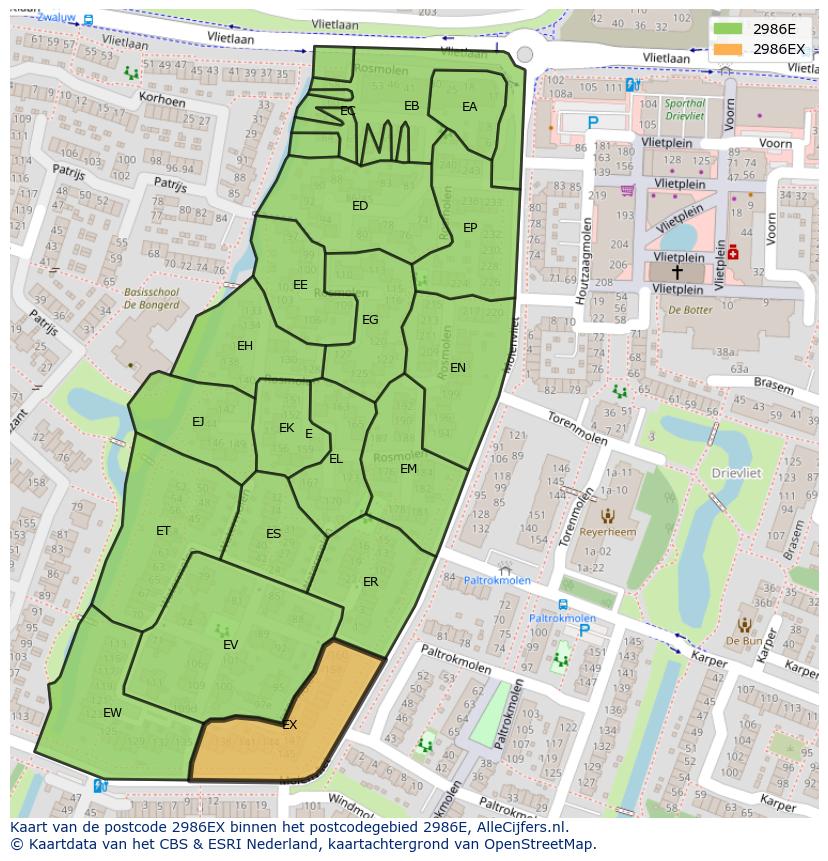 Afbeelding van het postcodegebied 2986 EX op de kaart.