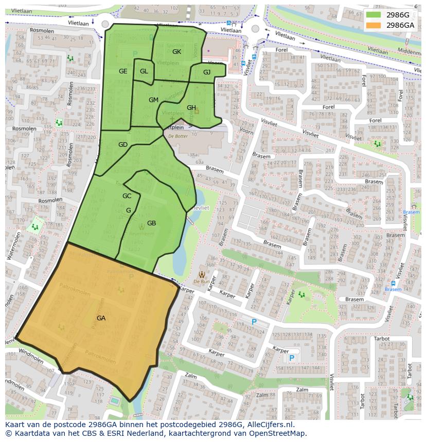 Afbeelding van het postcodegebied 2986 GA op de kaart.