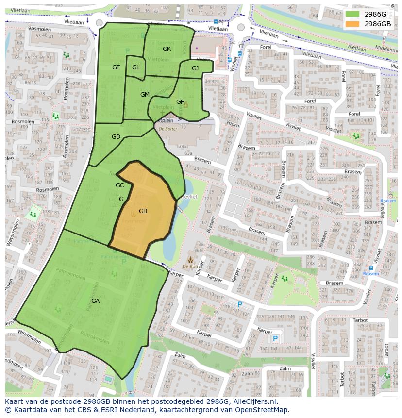 Afbeelding van het postcodegebied 2986 GB op de kaart.