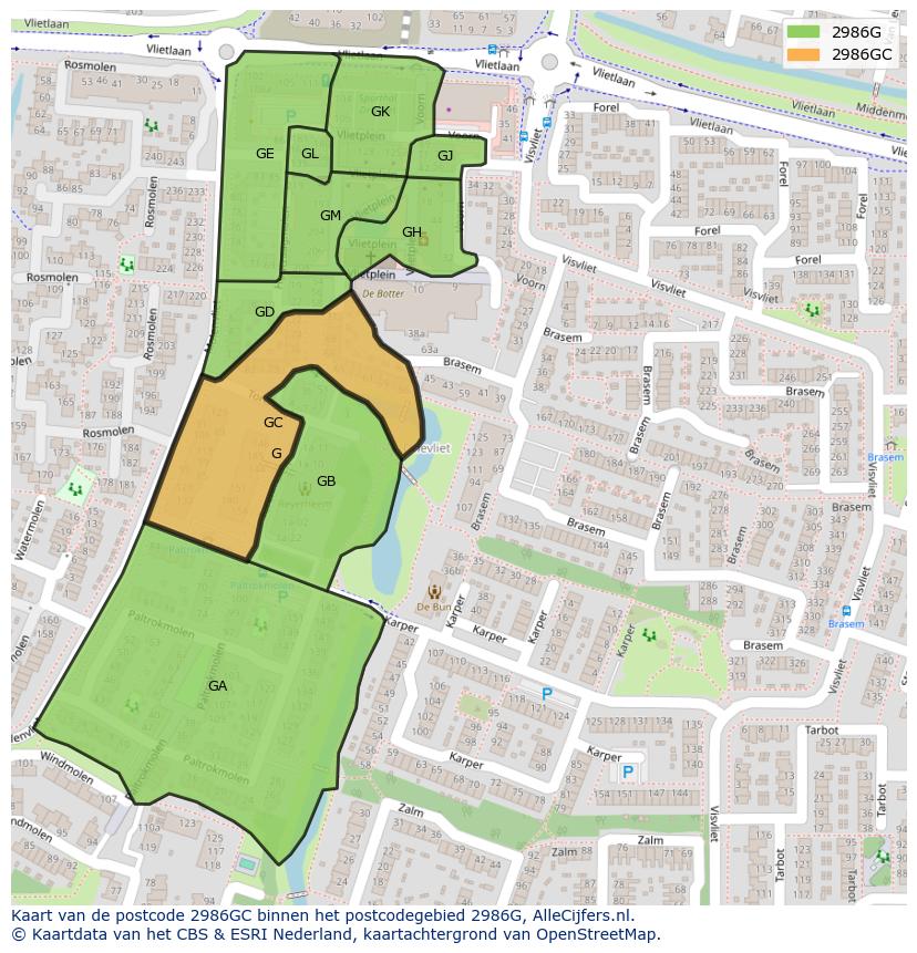 Afbeelding van het postcodegebied 2986 GC op de kaart.