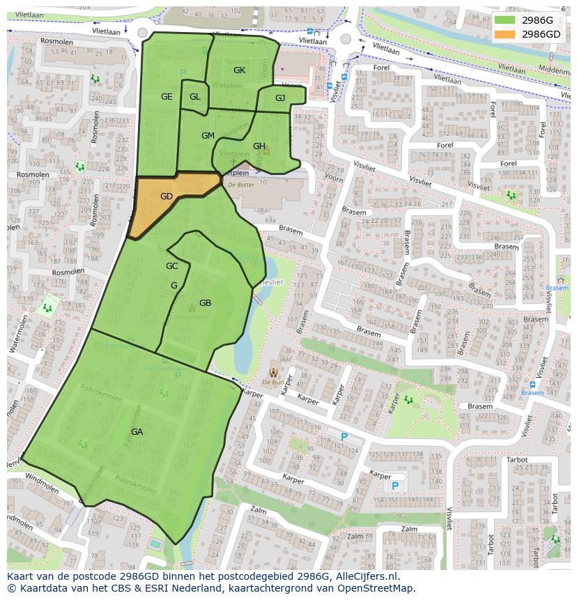 Afbeelding van het postcodegebied 2986 GD op de kaart.