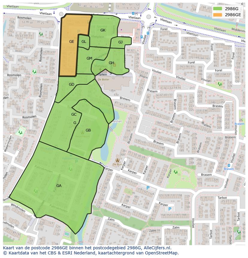 Afbeelding van het postcodegebied 2986 GE op de kaart.