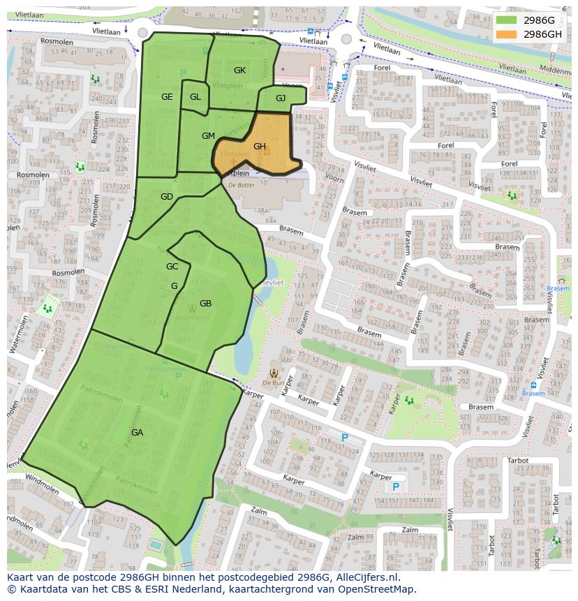 Afbeelding van het postcodegebied 2986 GH op de kaart.
