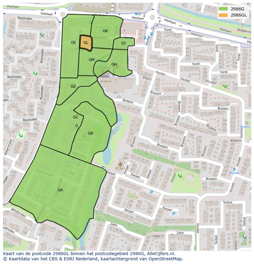 Afbeelding van het postcodegebied 2986 GL op de kaart.