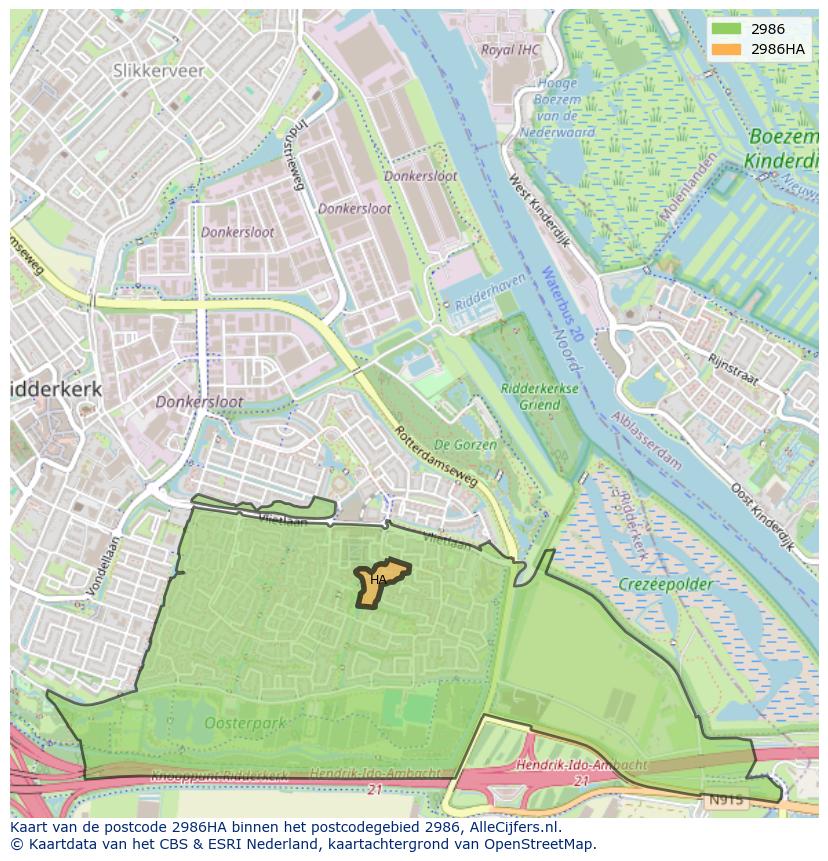 Afbeelding van het postcodegebied 2986 HA op de kaart.