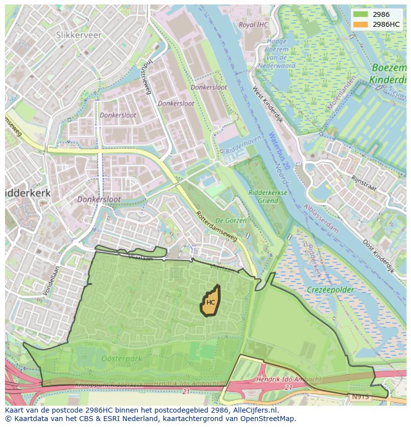Afbeelding van het postcodegebied 2986 HC op de kaart.