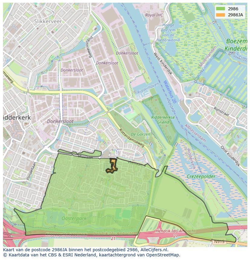 Afbeelding van het postcodegebied 2986 JA op de kaart.
