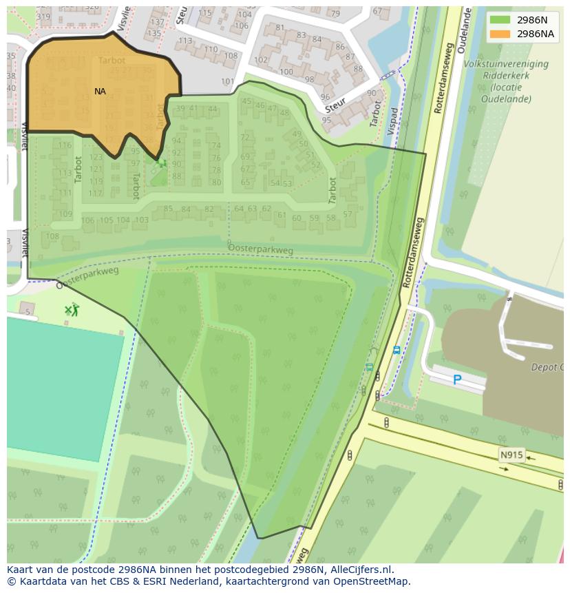 Afbeelding van het postcodegebied 2986 NA op de kaart.