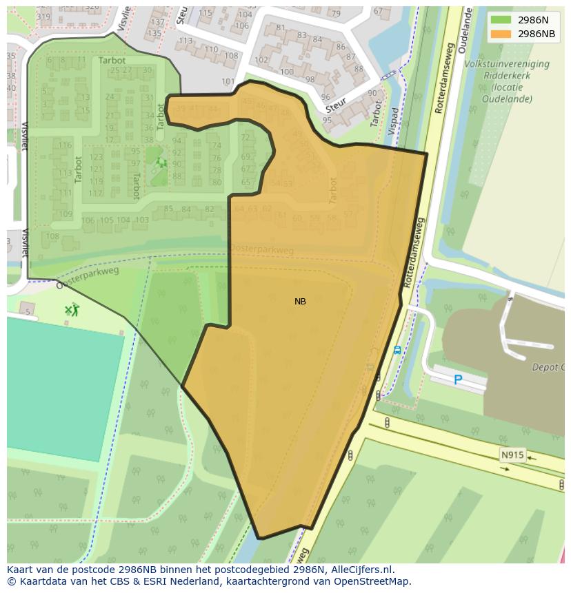 Afbeelding van het postcodegebied 2986 NB op de kaart.