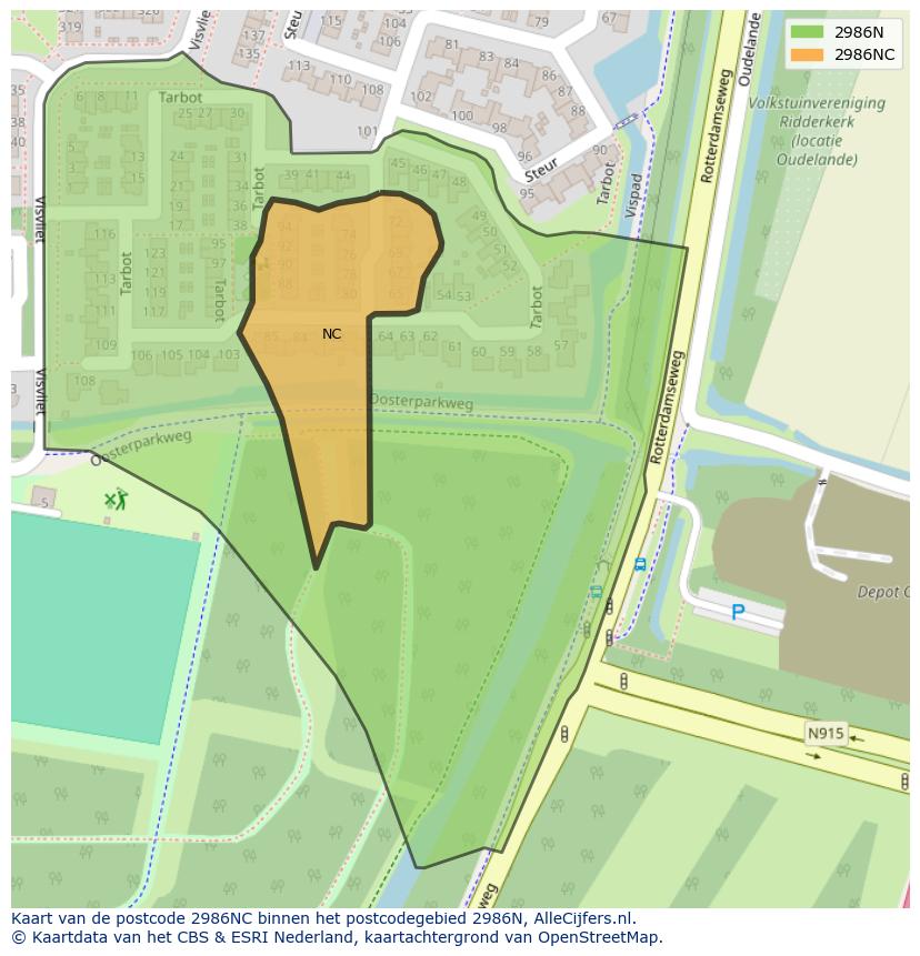Afbeelding van het postcodegebied 2986 NC op de kaart.