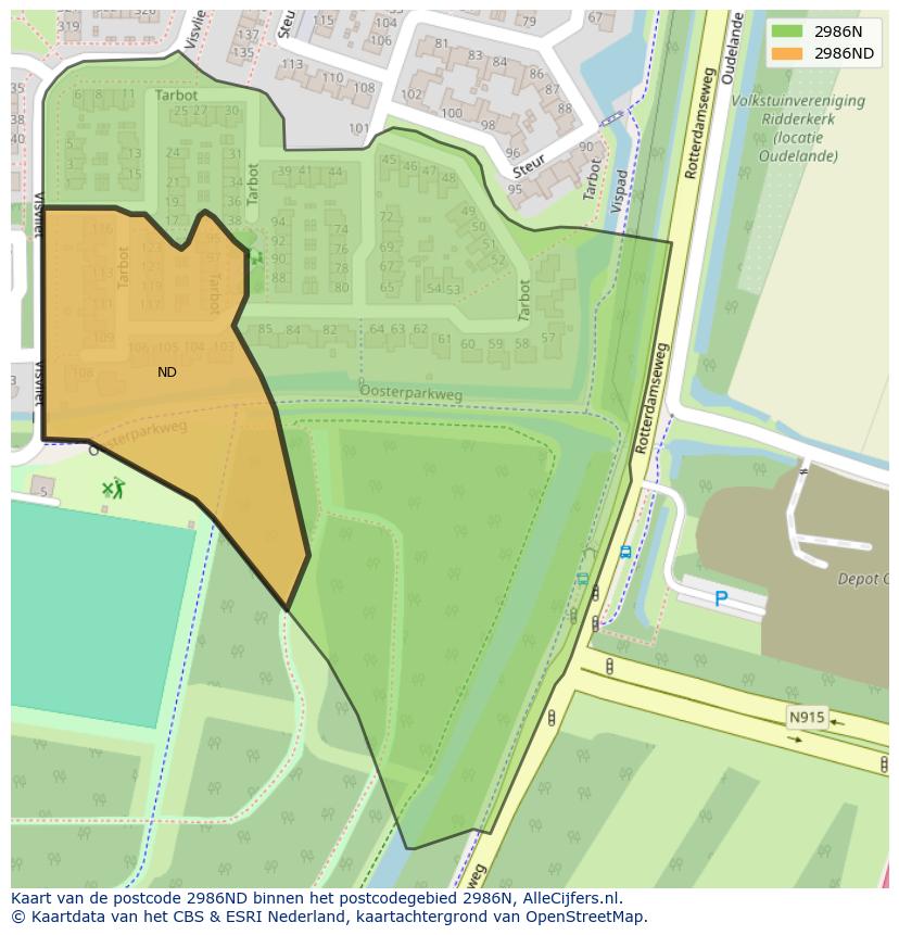Afbeelding van het postcodegebied 2986 ND op de kaart.