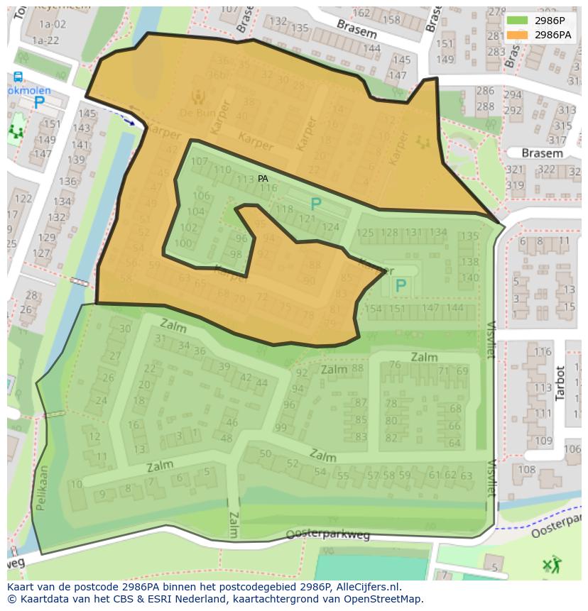 Afbeelding van het postcodegebied 2986 PA op de kaart.