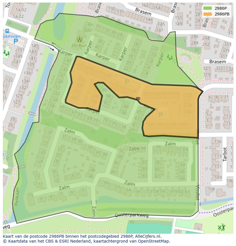 Afbeelding van het postcodegebied 2986 PB op de kaart.