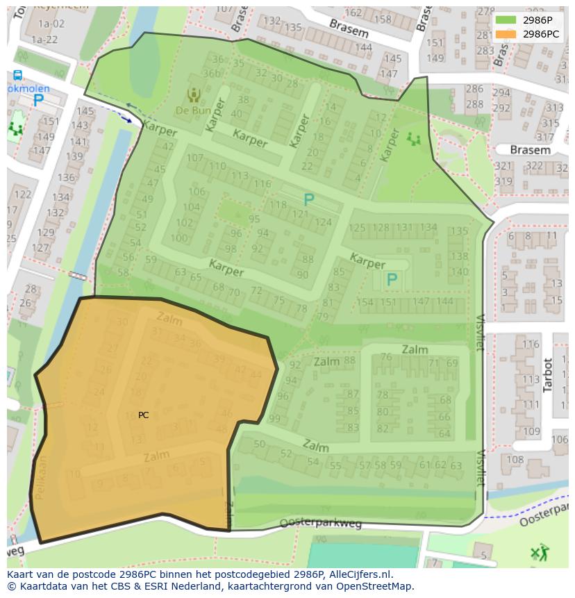 Afbeelding van het postcodegebied 2986 PC op de kaart.