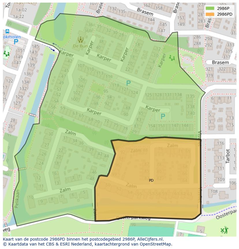 Afbeelding van het postcodegebied 2986 PD op de kaart.