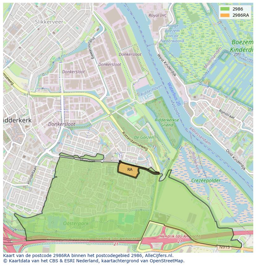 Afbeelding van het postcodegebied 2986 RA op de kaart.