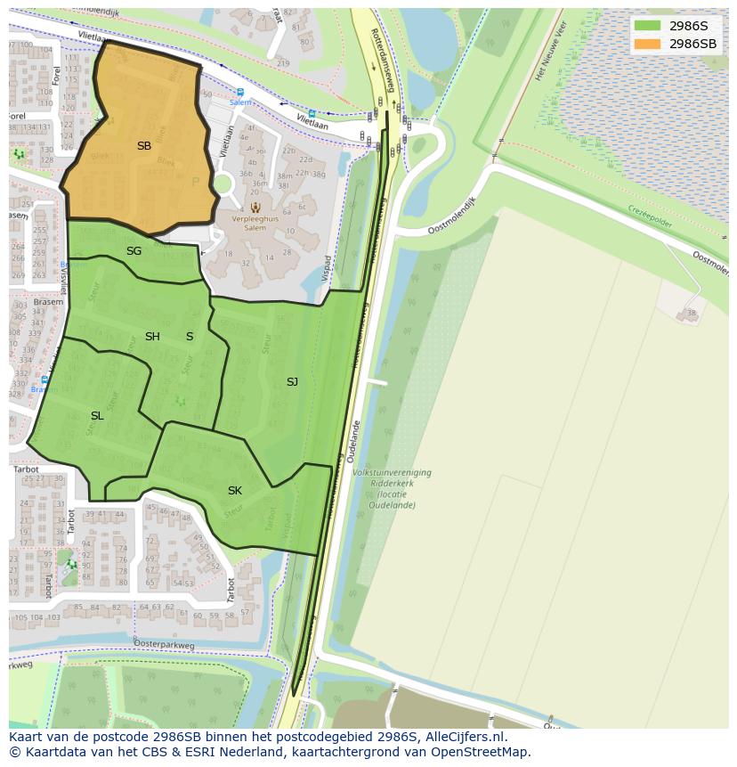 Afbeelding van het postcodegebied 2986 SB op de kaart.