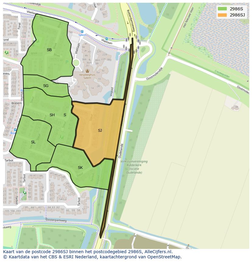 Afbeelding van het postcodegebied 2986 SJ op de kaart.