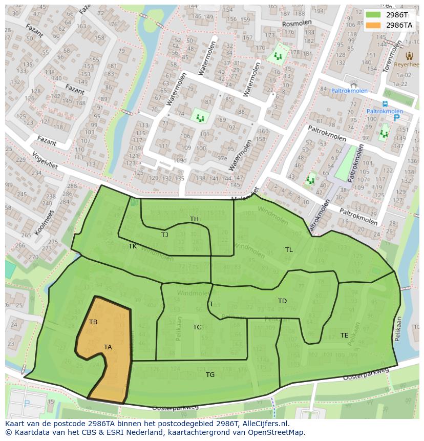 Afbeelding van het postcodegebied 2986 TA op de kaart.