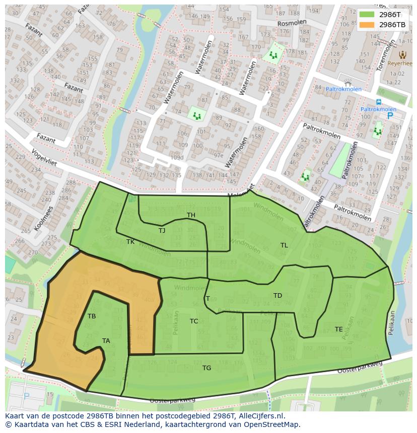 Afbeelding van het postcodegebied 2986 TB op de kaart.