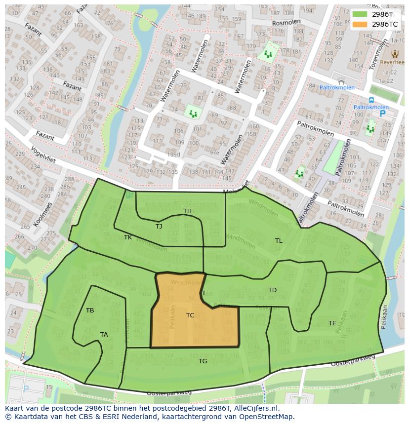 Afbeelding van het postcodegebied 2986 TC op de kaart.
