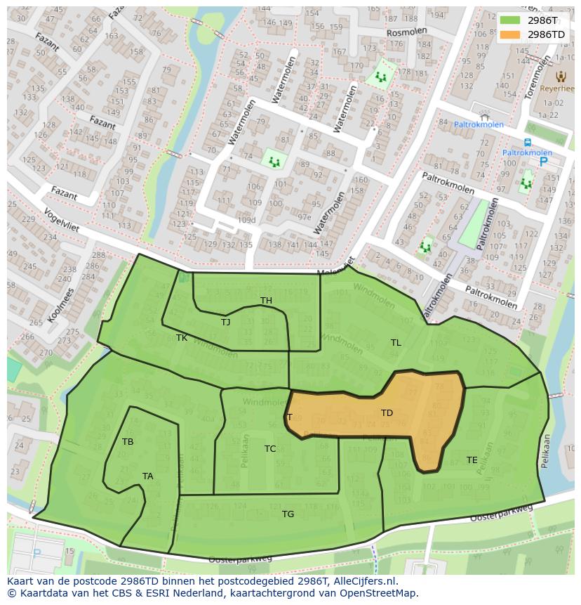 Afbeelding van het postcodegebied 2986 TD op de kaart.