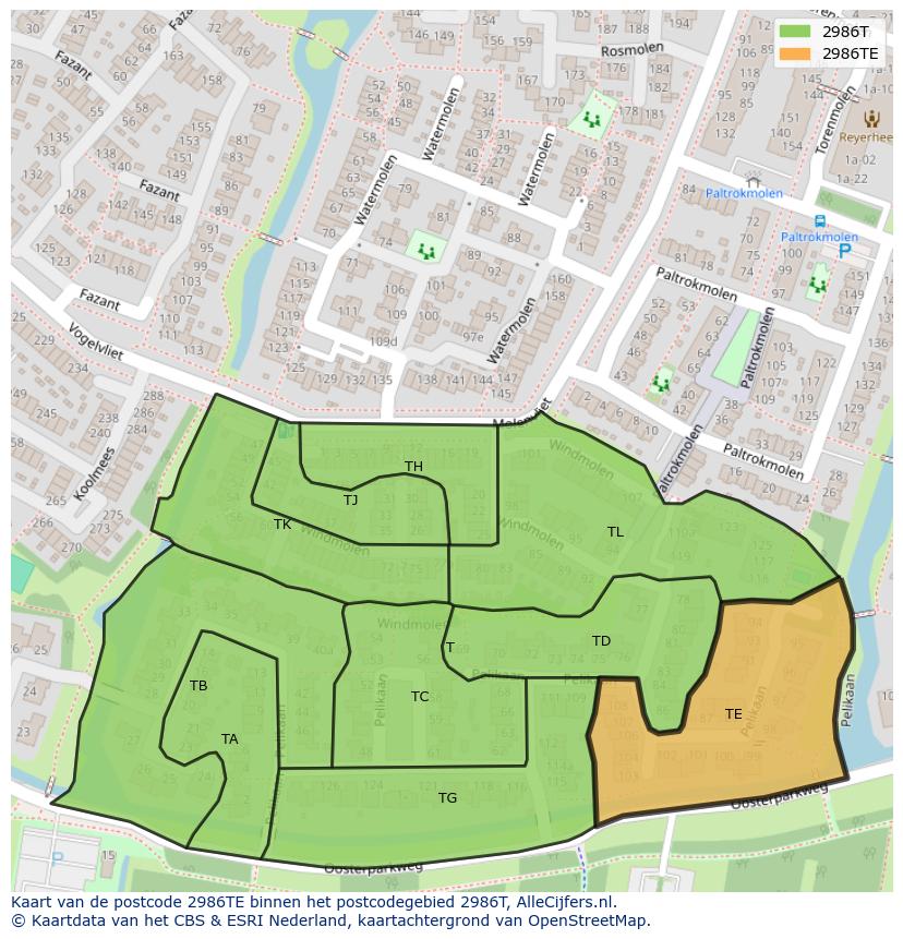 Afbeelding van het postcodegebied 2986 TE op de kaart.