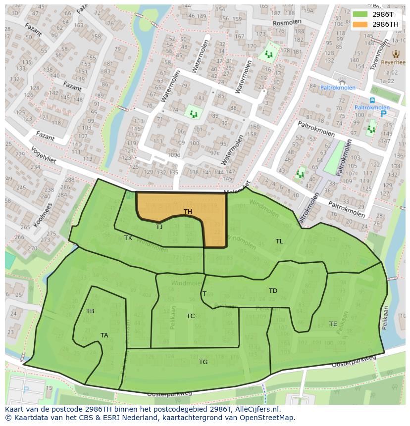 Afbeelding van het postcodegebied 2986 TH op de kaart.
