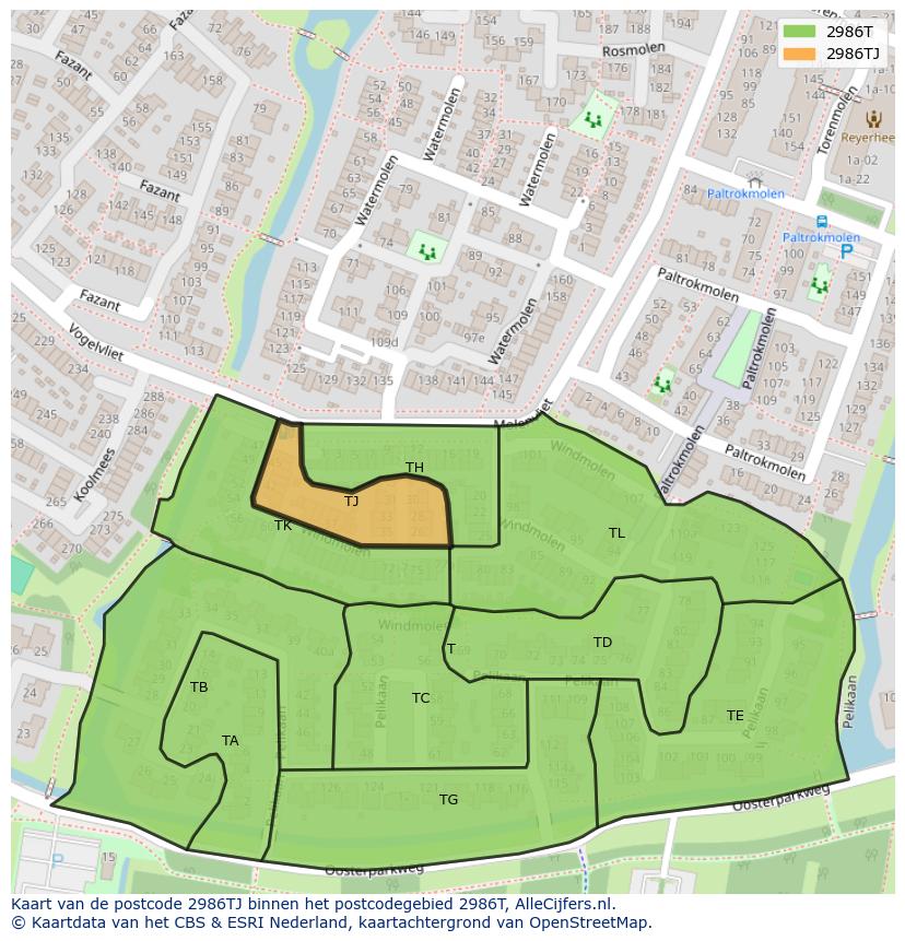 Afbeelding van het postcodegebied 2986 TJ op de kaart.
