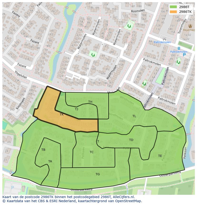 Afbeelding van het postcodegebied 2986 TK op de kaart.
