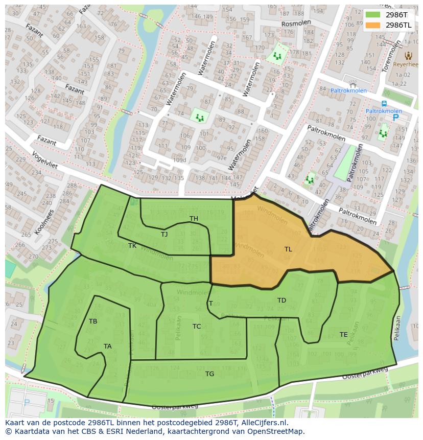 Afbeelding van het postcodegebied 2986 TL op de kaart.
