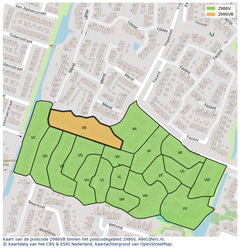 Afbeelding van het postcodegebied 2986 VB op de kaart.