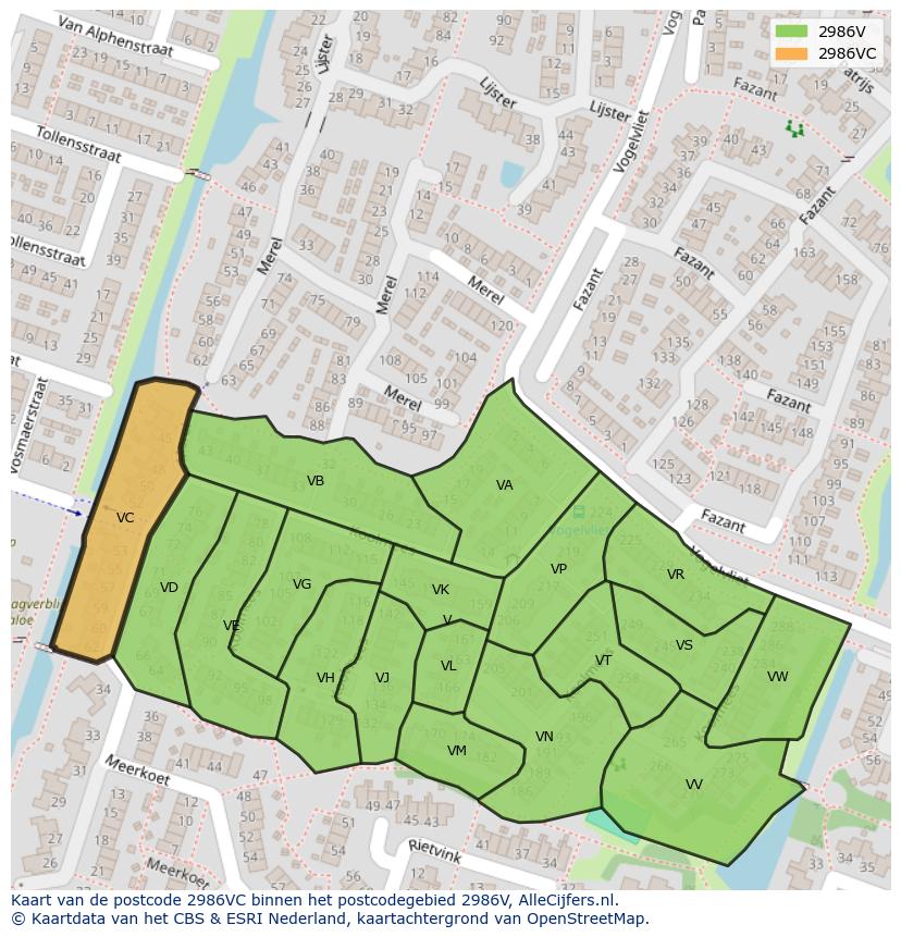 Afbeelding van het postcodegebied 2986 VC op de kaart.