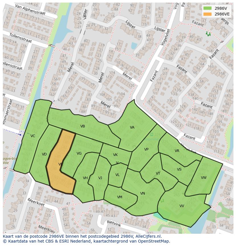 Afbeelding van het postcodegebied 2986 VE op de kaart.