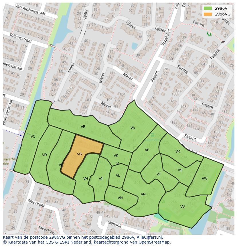 Afbeelding van het postcodegebied 2986 VG op de kaart.