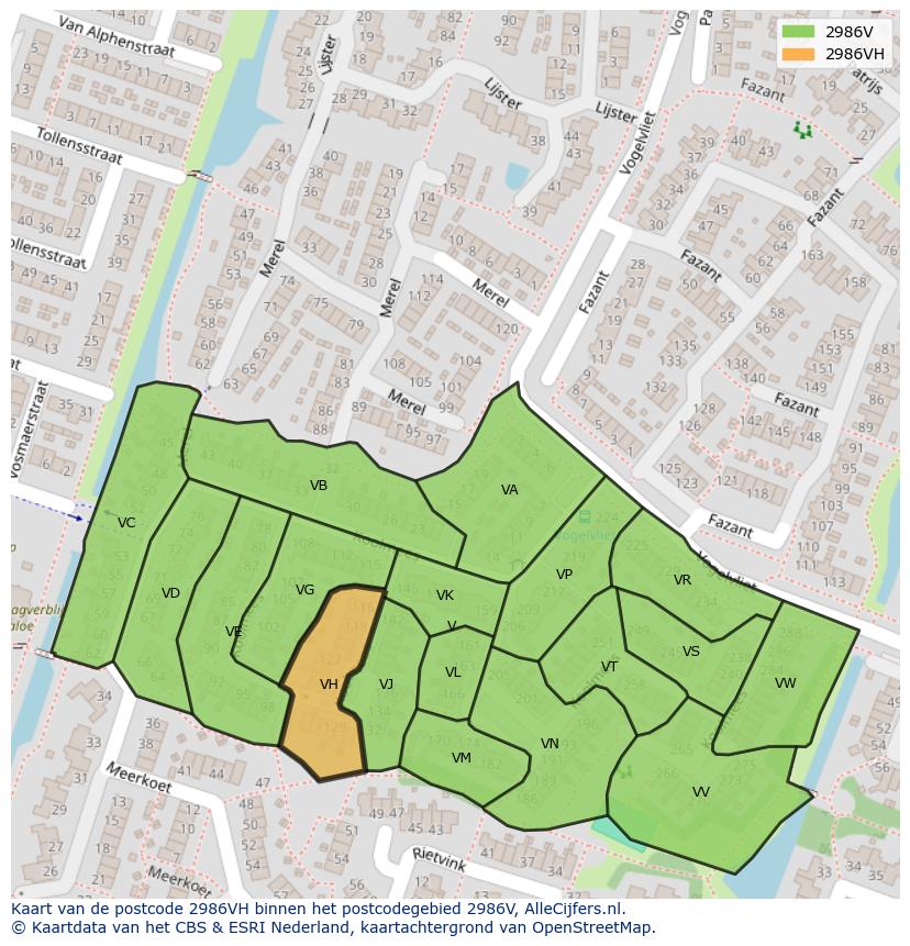 Afbeelding van het postcodegebied 2986 VH op de kaart.