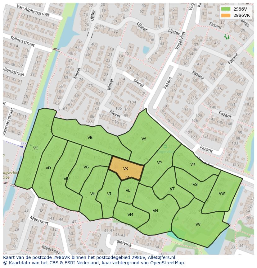 Afbeelding van het postcodegebied 2986 VK op de kaart.