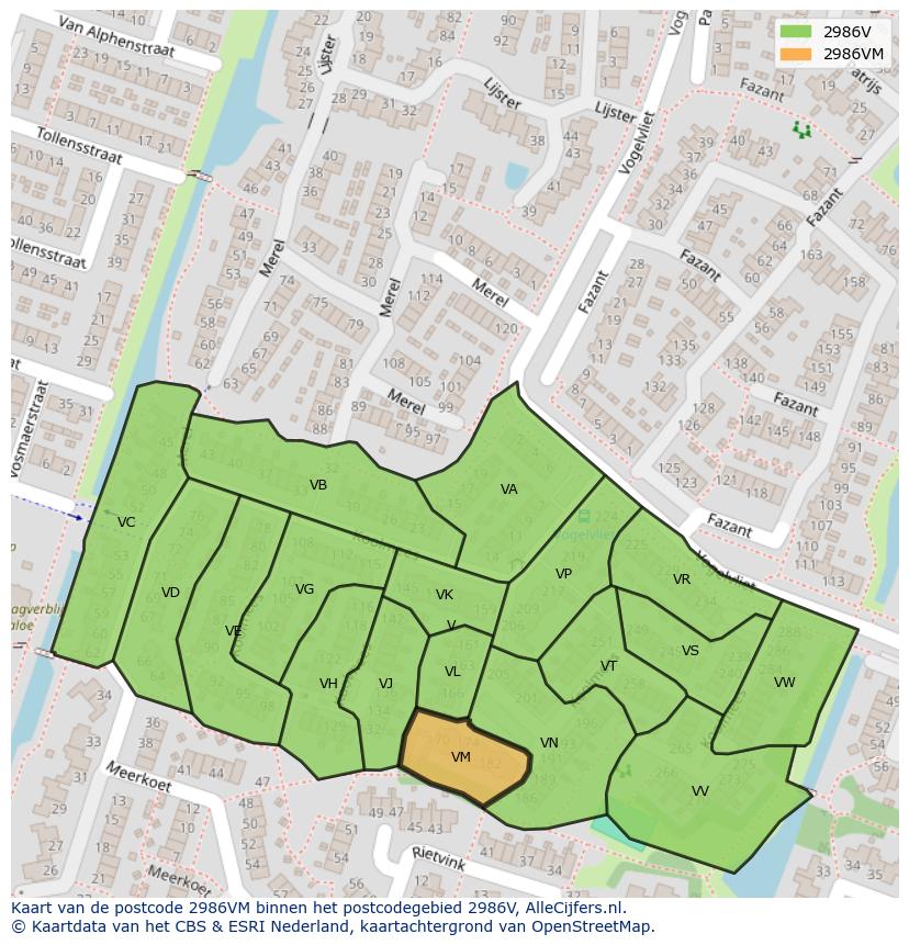 Afbeelding van het postcodegebied 2986 VM op de kaart.