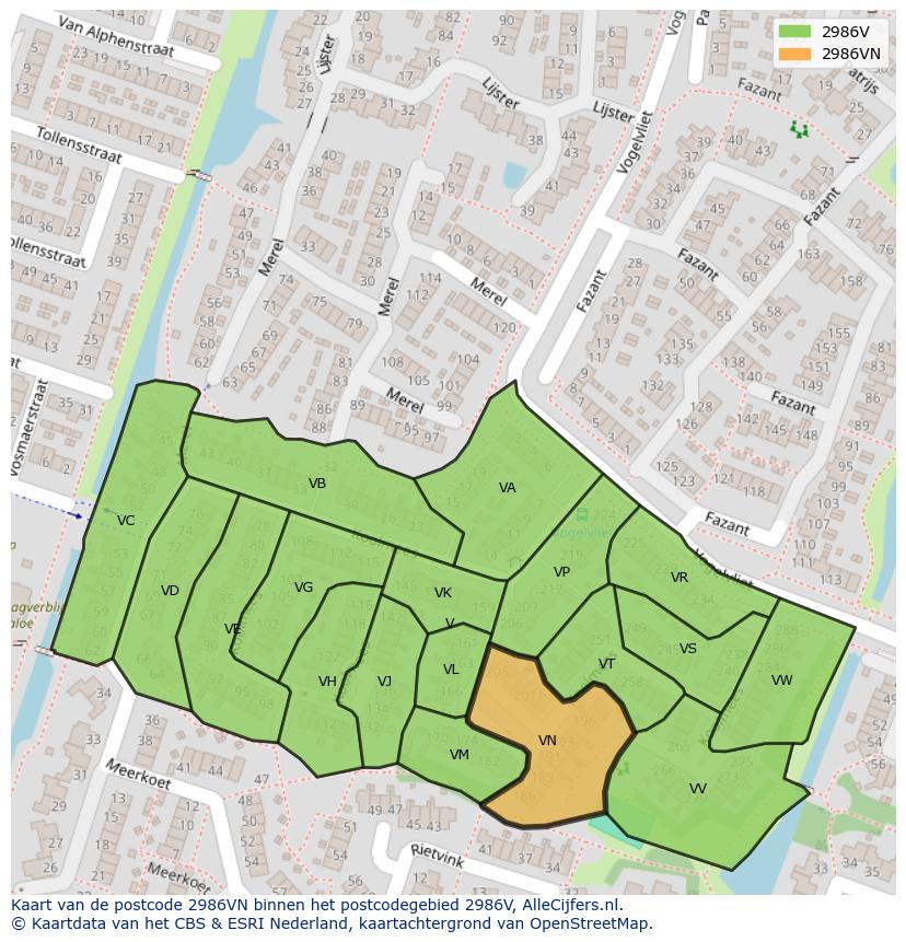 Afbeelding van het postcodegebied 2986 VN op de kaart.